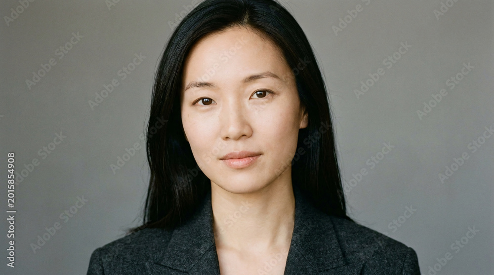 Fototapeta premium Professional portrait of a young East Asian businesswoman in a dark blazer against a gray background