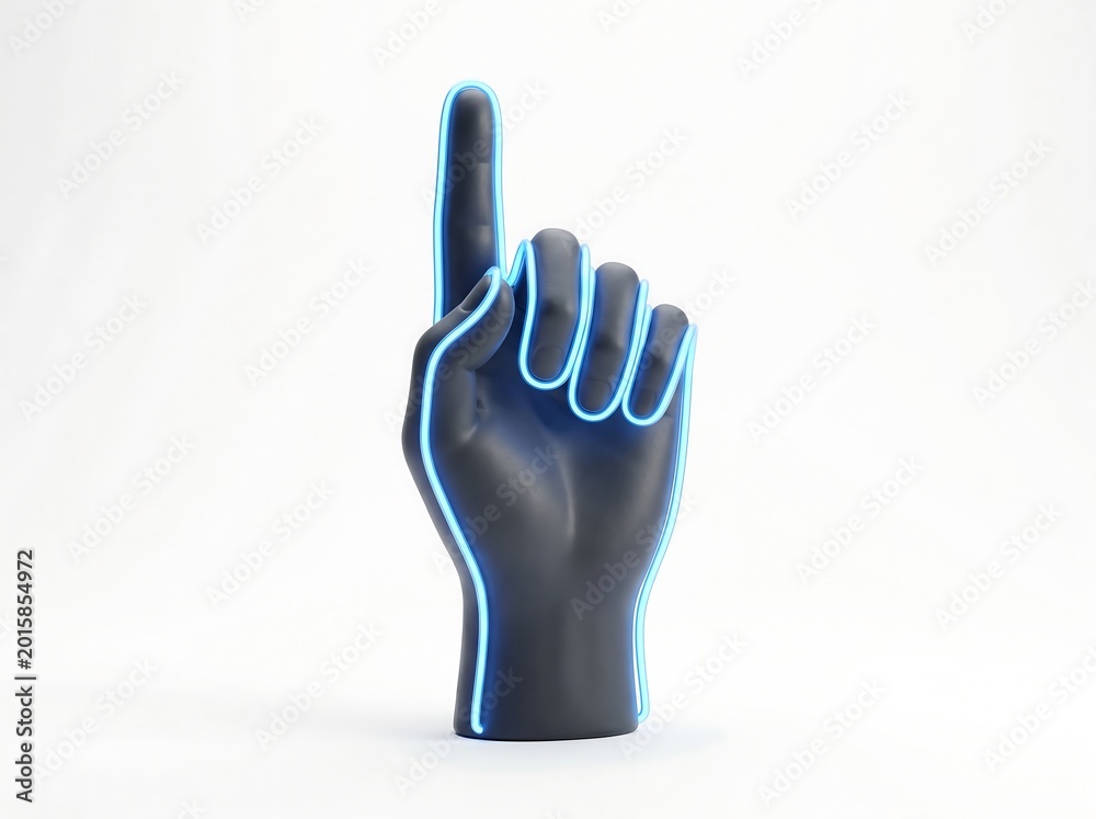 Obraz premium 3D Neon Blue Hand Pointing Isolated White Background
