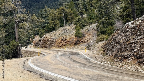 Принти на полотні Winding mountain road curves through rocky hillside and pine forest, quiet and r