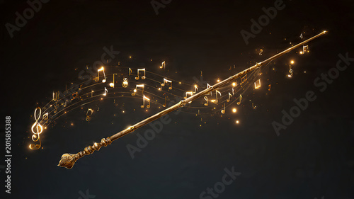 Golden Magic Wand Creating Glowing Musical Notes on Dark Background, Fantasy Music Concept, Enchanted Melody, Mystical Sound Waves, Magical Orchestra Illustration, Sparkling Treble Clef Art, Luxury Fa