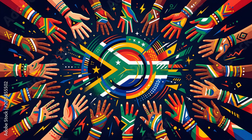 Modern abstract composition of painted hands surrounding a South African flag inspired background