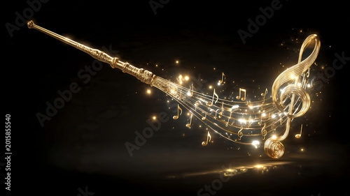 Golden Magic Wand Creating Glowing Musical Notes on Dark Background, Fantasy Music Concept, Enchanted Melody, Mystical Sound Waves, Magical Orchestra Illustration, Sparkling Treble Clef Art, Luxury Fa