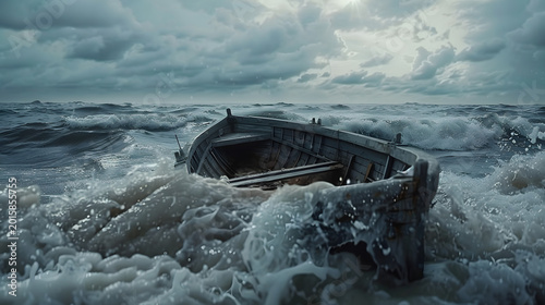Small wooden rowboat tossed by rough waves under a stormy, cloudy sky, conveying a sense of danger and isolation.