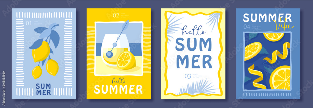 Fototapeta premium Set of summer Italian posters or covers with tequila sunrise cocktail, lemonade, lemons, frames and lemon zest. Vector illustration