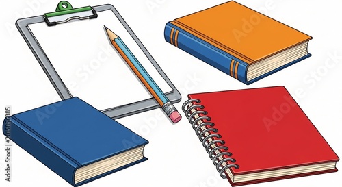 Colorful collection of various office supplies including a metal clipboard a sharp pencil and several hardbound books and a spiral notebook on a clean white background