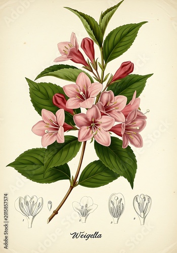 Delicate Weigela Blooms: Vintage Botanical Illustration