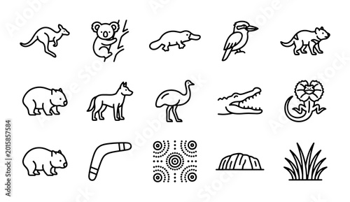 Bild auf Leinwand Australian Wildlife Icons Set, Kangaroo, Koala, Dingo, Emu, Crocodile, Aborigina