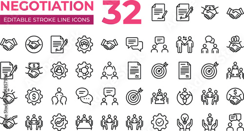 Professional negotiation editable stroke icon bundle showcasing agreement, partnership, communication, strategy, teamwork, and corporate business concepts
