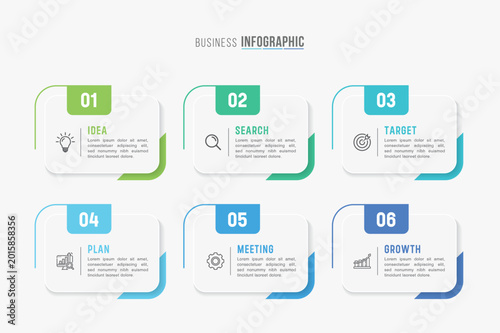 Timeline infographic template design. 4-5-6 options or steps business infographic template design. Can be used for process diagram, presentations, workflow layout, flow chart, steps, banner.