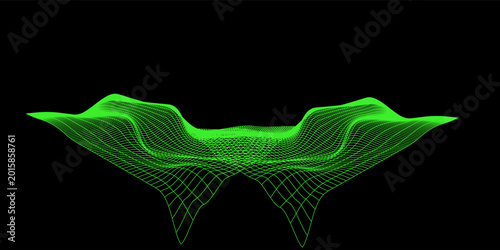 Abstract wireframe terrain. Vector landscape of green mountains. Futuristic polygonal background. Technology perspective grid with 3d landscape. Retro design.