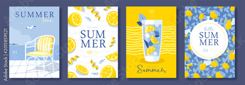 Set of summer Italian posters or covers with limoncello cocktail, sea landscape, seagulls, armchair, lemons and lemon pattern. Menu design. Vector illustration
