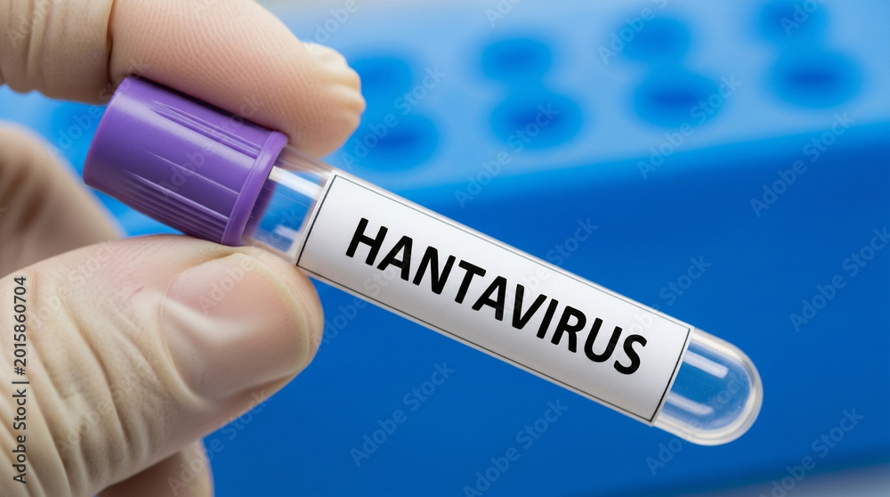 Obraz premium Hand holding test tube labeled hantavirus, medical sample collection for disease testing and scientific research in laboratory setting.