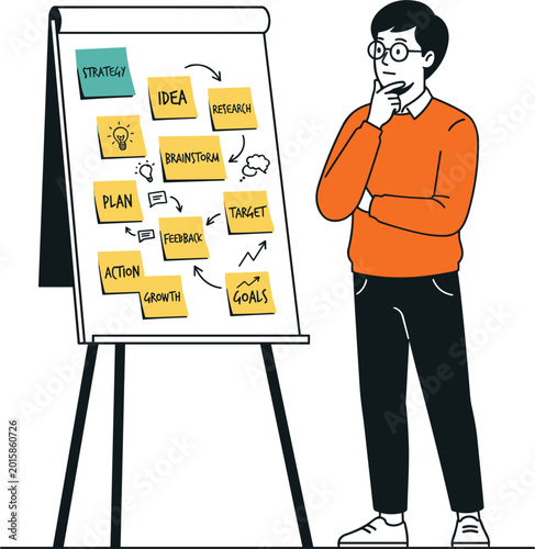 Strategic project planning illustration with thoughtful professional analyzing workflow notes on collaborative brainstorming presentation board