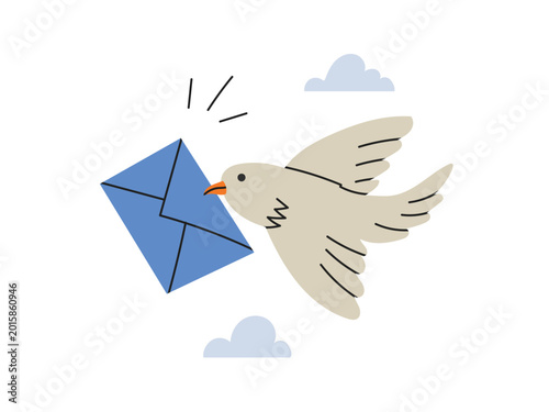 Bird carries an envelope, letters, sending messages, sharing information