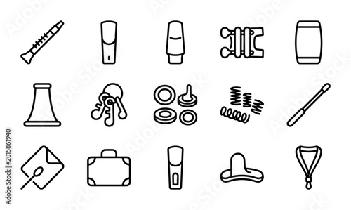 Schilderij op canvas Musical Instrument Parts, Accessories, and Tools Vector Icons Set: Clarinet, Sax