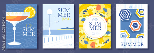 Set of summer Italian posters or covers with limoncello cocktail, beach landscape, pizza, tomatoes, cheese and beach umbrella. Menu design. Vector illustration