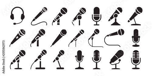 Konstfotografi Microphone vector icons set, various microphone designs including headset mic and stand mics
