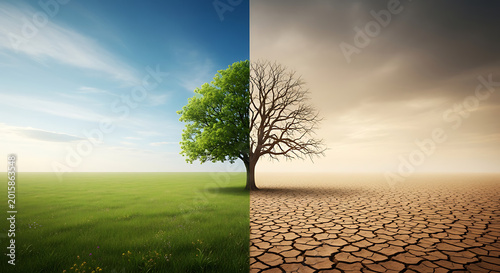 A stark visual representation of climate change, showing a healthy green tree on one side and a dead, dry tree on the other, symbolizing environmental degradation.