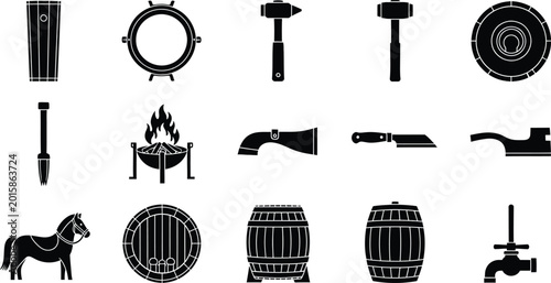 Set of black silhouette icons featuring tools barrels and traditional objects