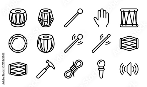 Foto Indian Percussion Instruments Vector Icons Set, Tabla Drums, Dholak, Music Acces