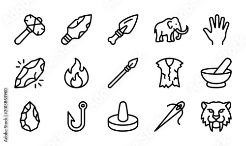 Bild auf Leinwand Prehistoric Icons Set: Stone Age Tools, Mammoth, Caveman Gear, Hunting & Surviva