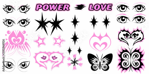 Y2k inspired tattoo flash set with eyes hearts and stars