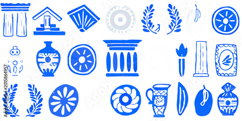 Foto ancient greek ornaments and symbols blue vector illustration on black