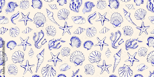 Bild auf Leinwand Seamless nautical pattern featuring seashells and starfish sketch style