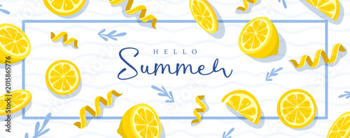 Italy summer poster or banner with lemon slices and zest on striped white background. Restaurant menu design. Vector illustration