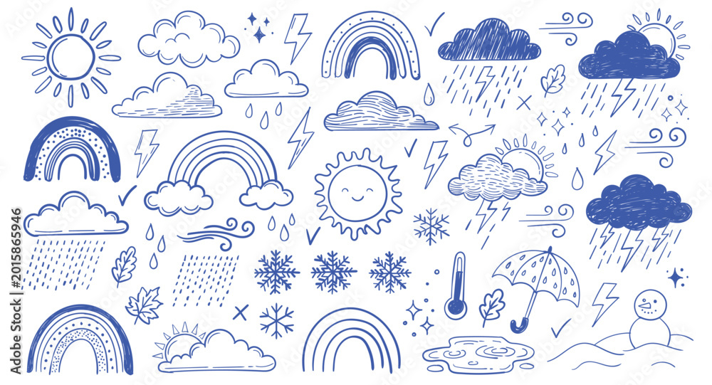 Obraz premium Collection of hand drawn weather icons and symbols in doodle style. Includes sun, clouds, rain, lightning, rainbow, snowflakes, wind, thermometer, umbrella, and snowman.