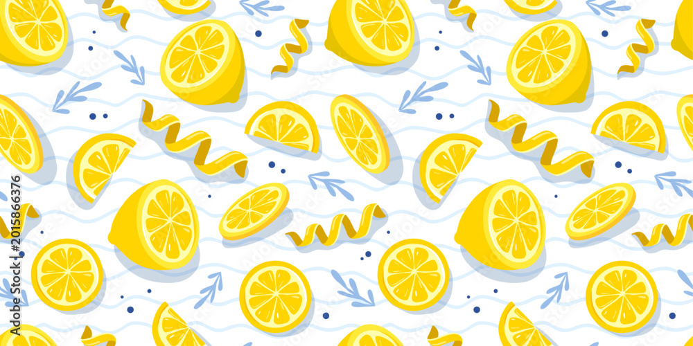 Naklejka premium Seamless summer pattern with lemon slices and zest on striped white background. Restaurant menu design. Vector illustration