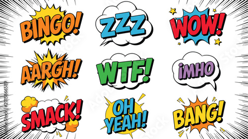 Tableau sur toile Vector illustration of colorful comic speech bubbles with expressive words repre