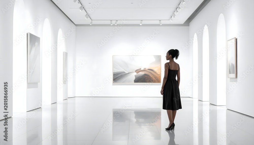 Fototapeta premium Mujer observando una obra en una galería de arte contemporáneo blanca y minimalista