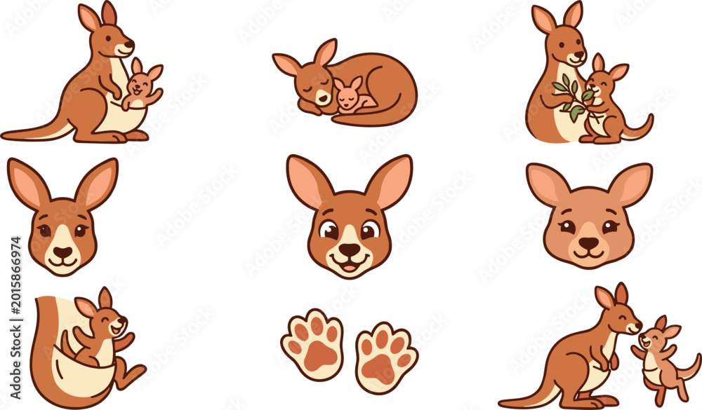 Naklejka premium Adorable Kangaroo Mother and Joey Vector Illustration Set Featuring Cute Marsupial Characters for Childrens Books, Australian Wildlife Educational Materials, and Nursery Decor Designs
