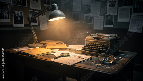 Abandoned Detective Office with Vintage Investigation Evidence Setup