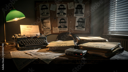 Abandoned Detective Office with Vintage Investigation Evidence Setup