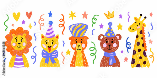 Photography Cute animal characters with party hats vector illustration on white background