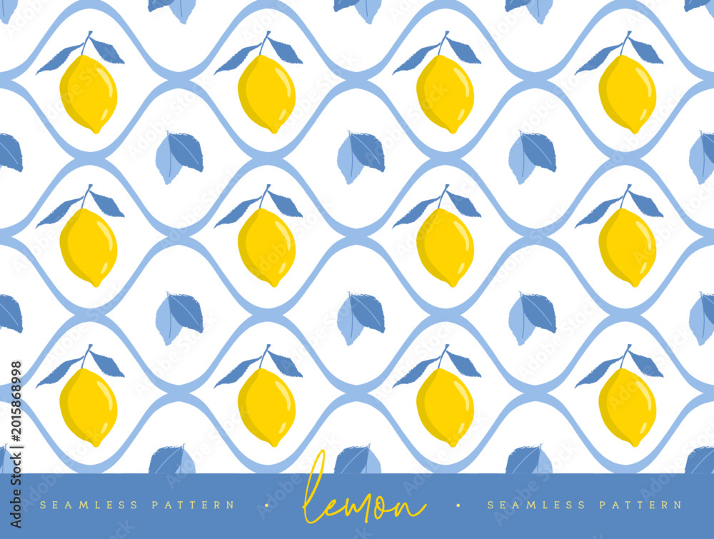 Naklejka premium Italy summer seamless pattern with lemon and leaves. Italian tile background. Restaurant menu design. Vector illustration