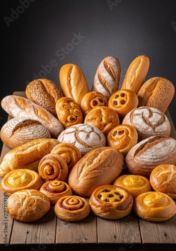 A rustic wooden table holds an abundant assortment of freshly baked, mouthwatering bakery breads and sweet golden pastries, perfect for breakfast, artisan, nobody, baguette