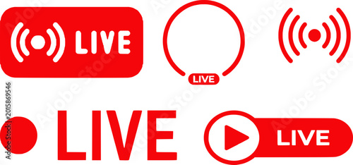 Fotografie Red live streaming icons and labels for social media, live broadcast symbols, and video transmission graphics on white background