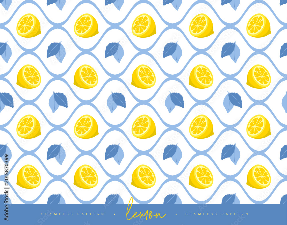 Obraz premium Italy summer seamless pattern with lemon and leaves. Italian tile background. Restaurant menu design. Vector illustration