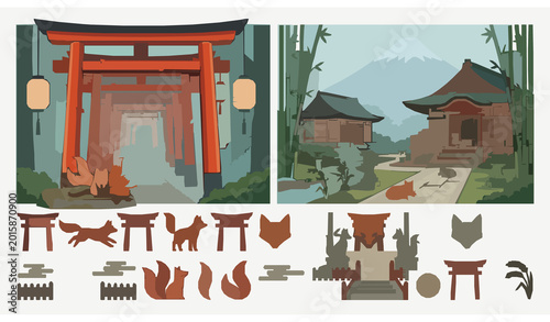 Minimal kitsune fox set with Japanese shrine torii gate and mystical cultural aesthetic elements