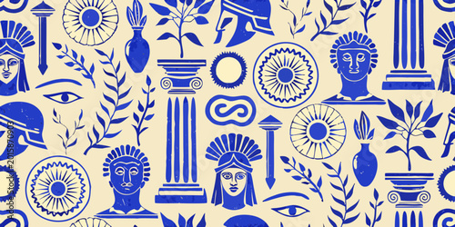 Schilderij op canvas ancient greek pattern blue and white decorative seamless design