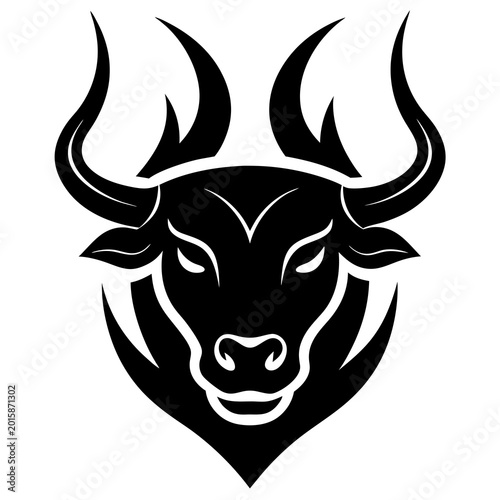 A bold black and white vector illustration of a stylized bull head symbol with curved horns and fierce expression used as an icon or logo design