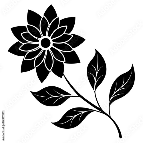 A sleek black and white vector illustration of a stylized flower with elongated petals and leaves attached to a stem