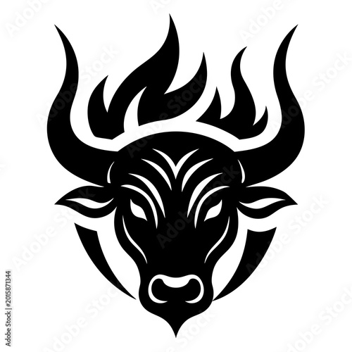 A bold black and white vector illustration of a bull head with fiery horns symbolizing strength and power.