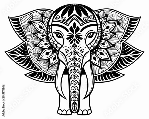 An intricate black and white vector illustration of an elephant head adorned with ornate tribal patterns and decorative elements resembling a sacred symbol or mandala design