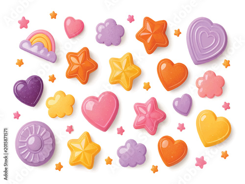 Colorful candy shapes including hearts stars clouds and a rainbow on white background for kids