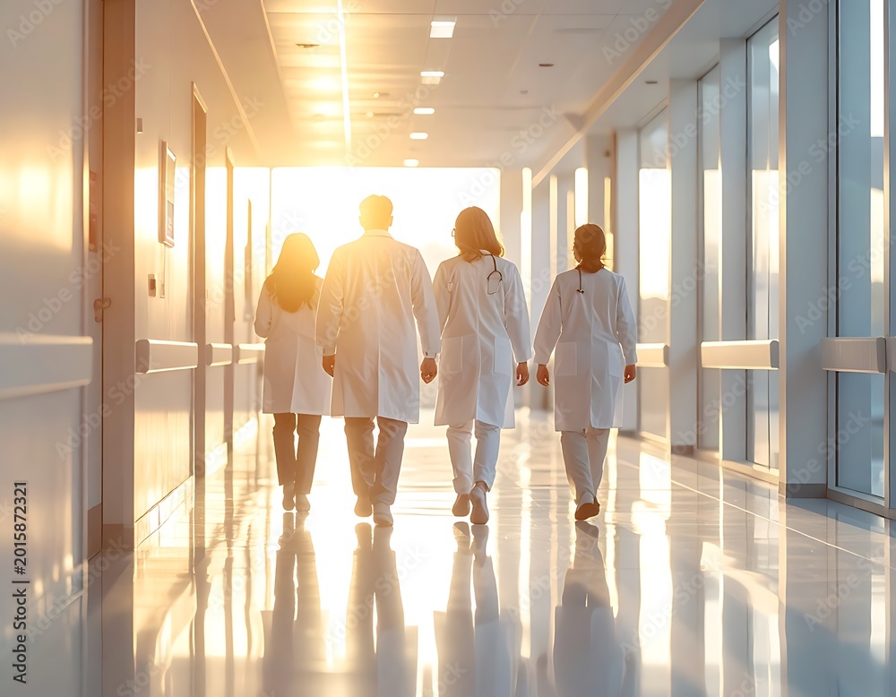 Fototapeta premium Medical professionals walking down a bright hospital corridor (307)