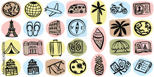 travel themed icons and illustrations hand drawn style